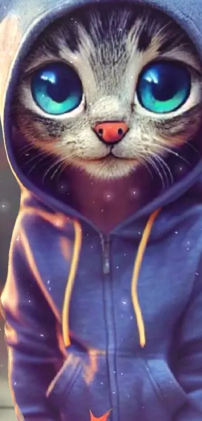 Cute cat in blue hoodie with big blue eyes for mobile wallpaper.