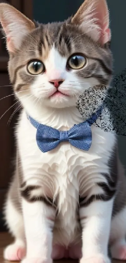 Adorable kitten wearing a blue bow tie in a charming pose.