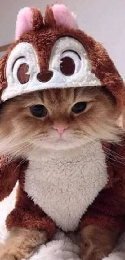 Adorable cat dressed in brown chipmunk costume on bed.