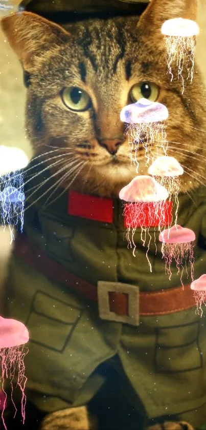 Adorable cat in military costume with brick background.