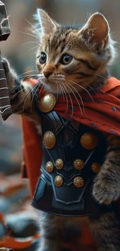 Cute kitten in superhero costume holding a small hammer.