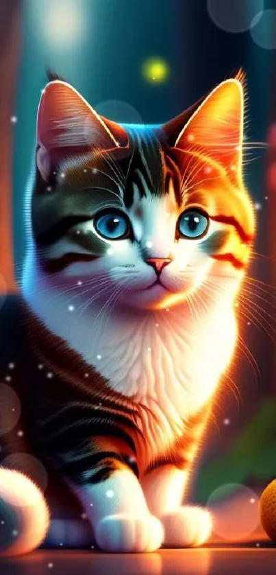 Adorable cat with blue eyes in a magical forest setting, colorful lights surrounding.