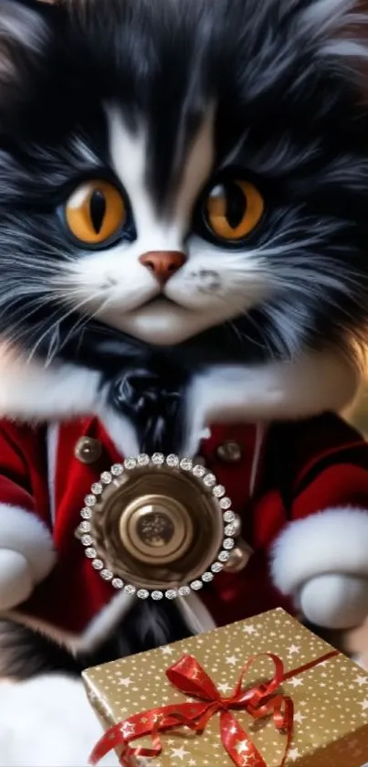 Adorable cat in festive red attire holding a gift box.