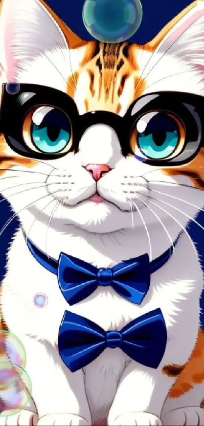 Cute cat with glasses and bow tie on blue background.