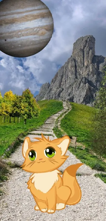 Cute cartoon cat in mountain scenery with planet view.