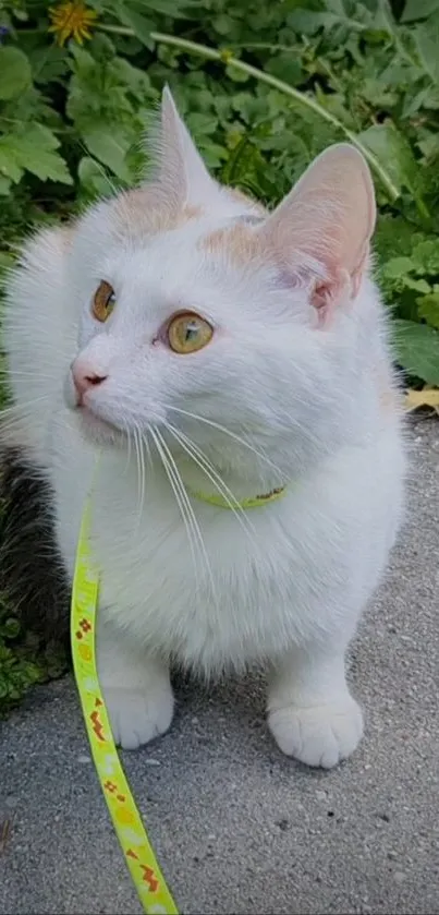 Adorable white cat on a yellow leash in a green garden.