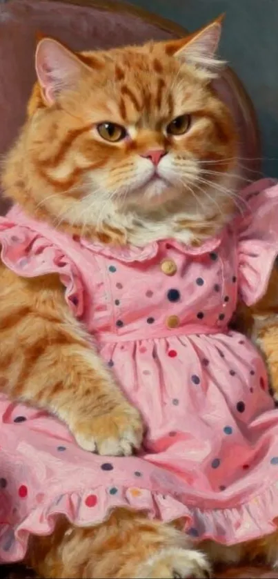Fluffy cat in pink polka dot dress sitting.