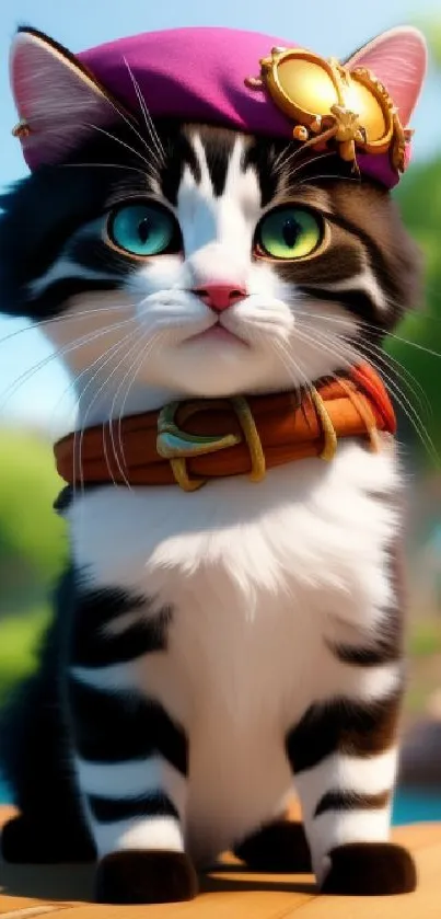 Cute cartoon cat with pirate hat wallpaper.