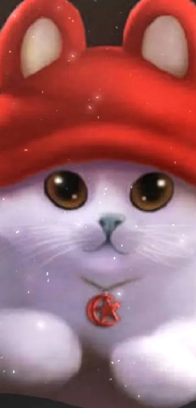 Cute white cat in red beanie, playful and adorable.