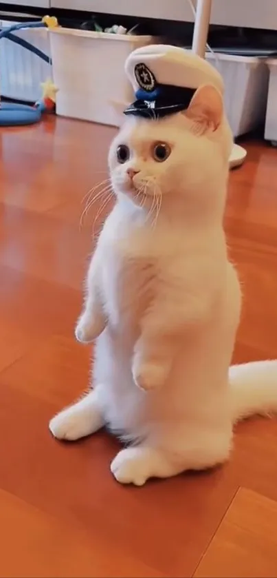 White cat wearing a sailor hat on wooden floor.