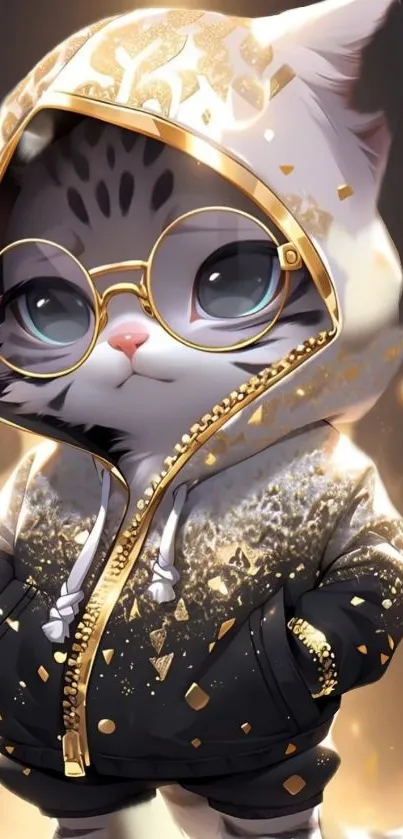 Adorable cat in a golden hoodie with glasses and cute expression.