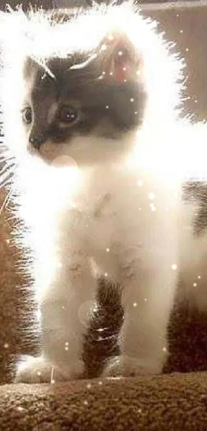 Fluffy kitten basking in soft sunlight on carpeted stairs.