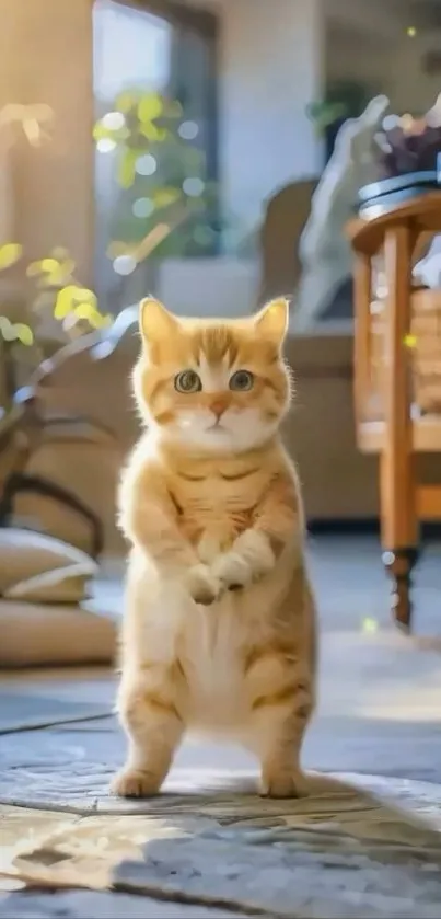 Adorable cat standing in a sunlit indoor room.