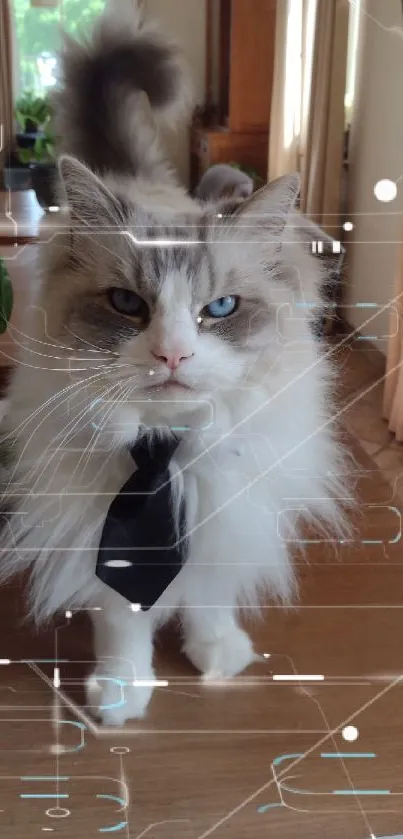 Fluffy cat wearing a stylish black tie standing on a wooden table.