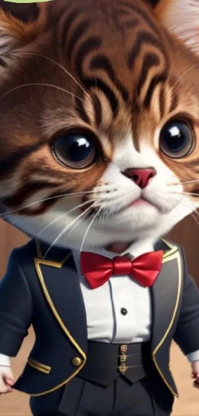 A cute cat in a tuxedo with a red bow tie, perfect for phone wallpaper.