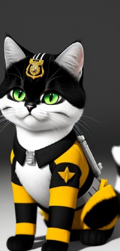 Cute cat in black and yellow uniform on phone wallpaper.