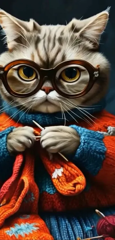 Cat with glasses knitting in a colorful sweater.