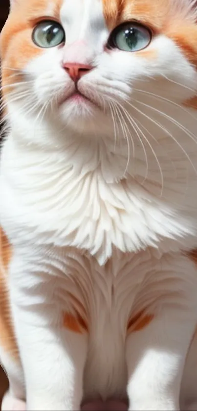 Adorable ginger and white cat sitting calmly with a sweet expression.