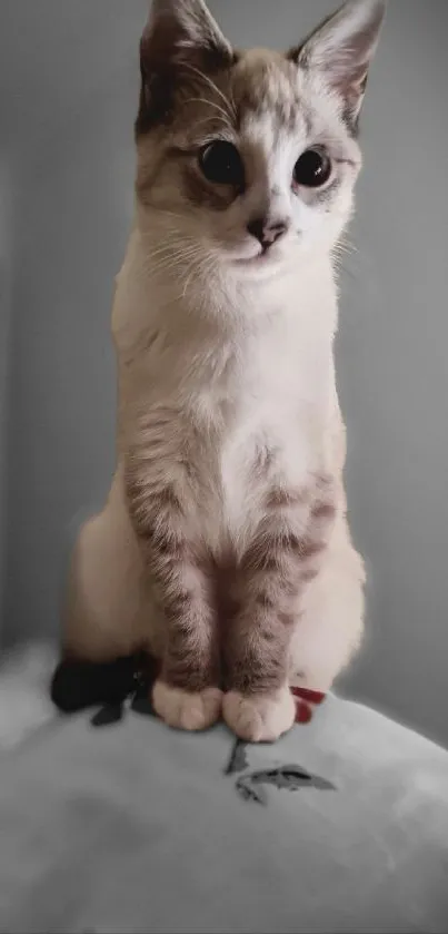 Adorable kitten sitting on a bed with a blurred background.