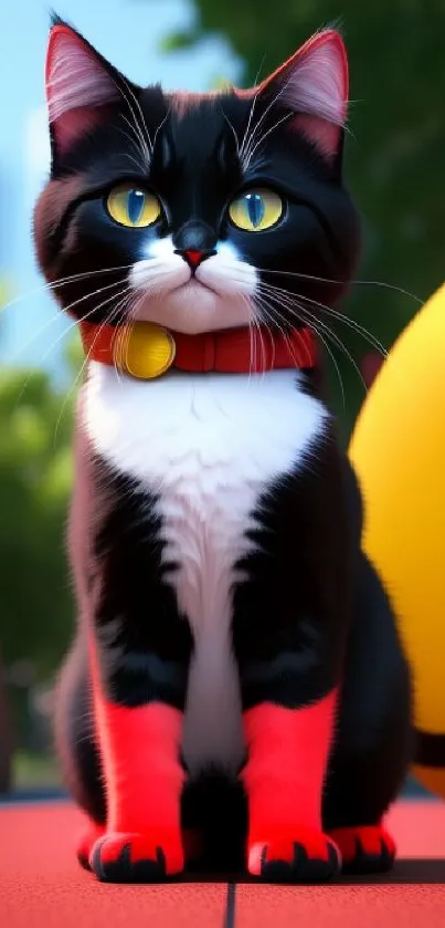 Cute cat with red collar on a colorful mobile wallpaper background.