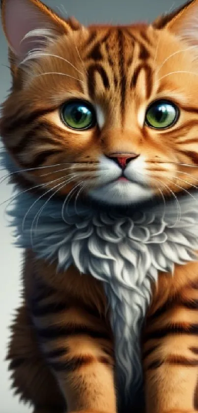 Adorable kitten with green eyes in a vibrant mobile wallpaper design.