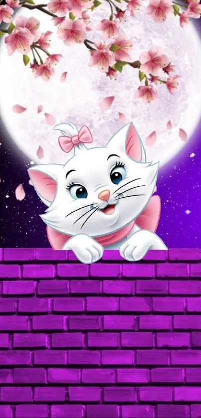 Cute cartoon cat with moonlit purple brick background.