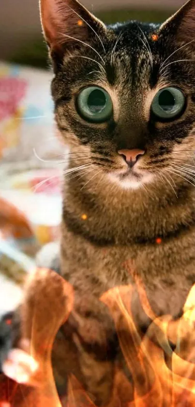 Adorable cat with big eyes on a colorful bed.