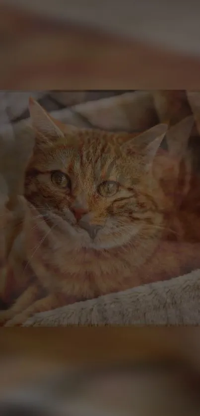 Orange cat resting on a plush blanket, perfect for wallpaper.