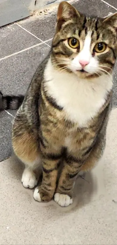 Adorable tabby cat sitting on a tiled floor, perfect as a wallpaper.