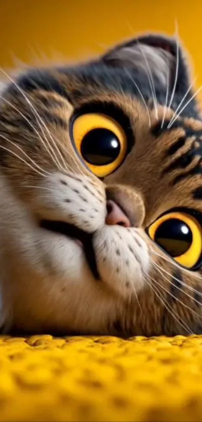 Adorable wide-eyed cat on a yellow backdrop.