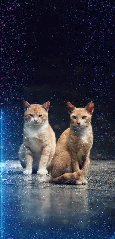 Two cats sitting on a rainy street, creating a cute and peaceful scene.