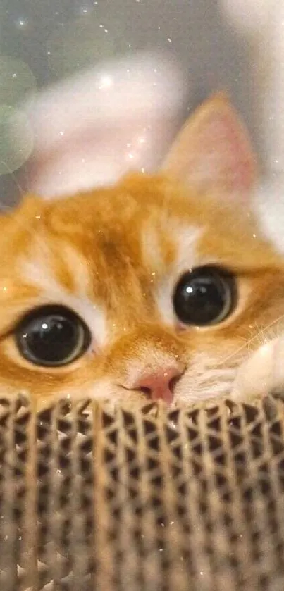 Adorable ginger cat with big eyes peeking over a textured surface.