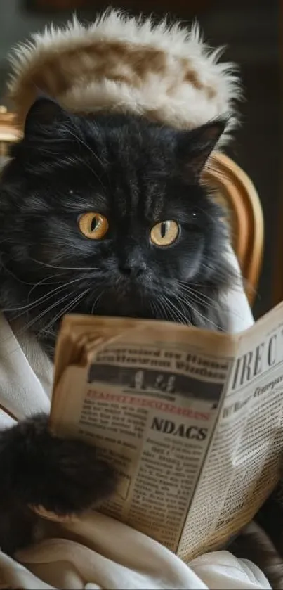 Elegant black cat reading a newspaper.