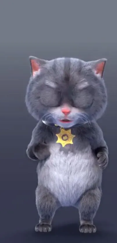 Cute cartoon cat sheriff with badge on grey background.