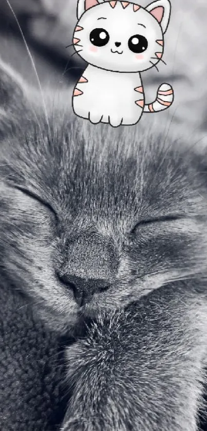 A cute kitten sleeping with a cartoon cat on its head, perfect mobile wallpaper.