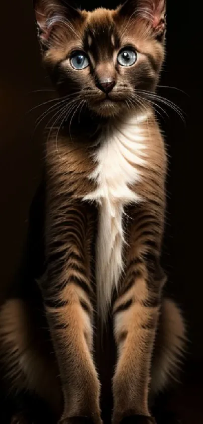 Adorable sitting cat with blue eyes, lit warmly, against a dark background.