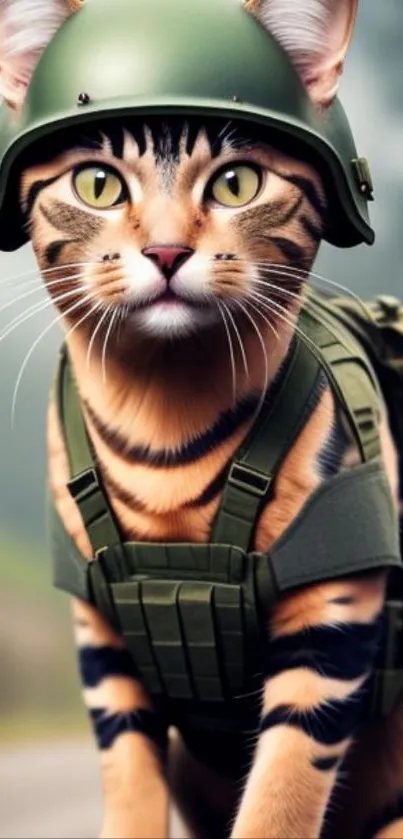 Adorable cat in military helmet and gear, sitting against a blurred background.