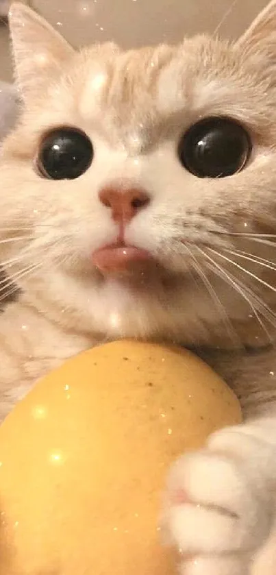 Cute cat holding a lemon with big eyes and soft fur.