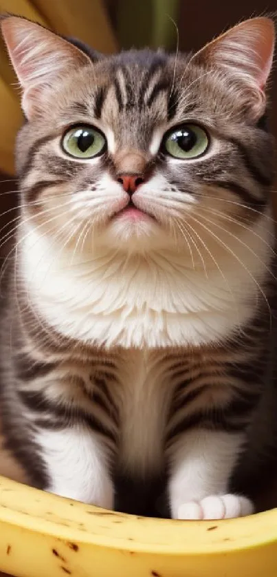 Cute tabby cat with bananas on a wooden surface.