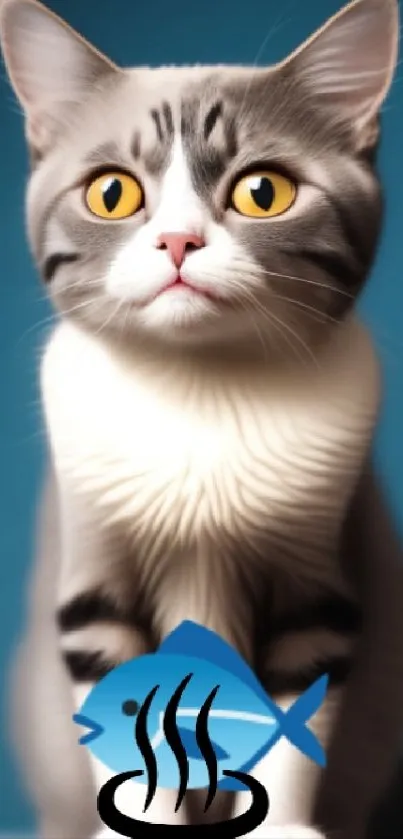 Cute gray tabby cat with vibrant blue eyes on a blue background.