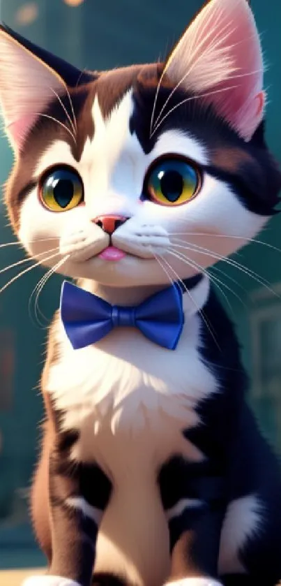 Adorable kitten with a blue bow tie in an urban backdrop, perfect for cat lovers.