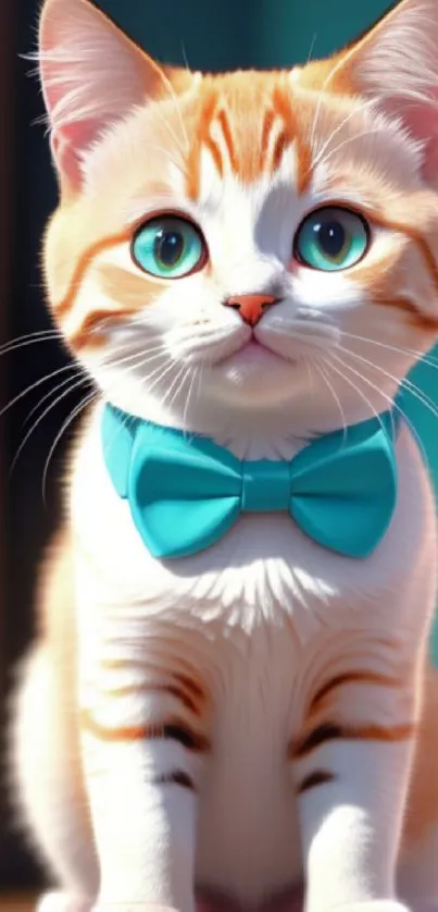 Cute orange and white cat with a blue bowtie sits adorably on a blue background.