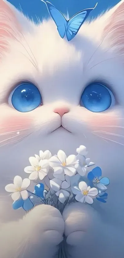 Fluffy white cat with blue eyes holding flowers.