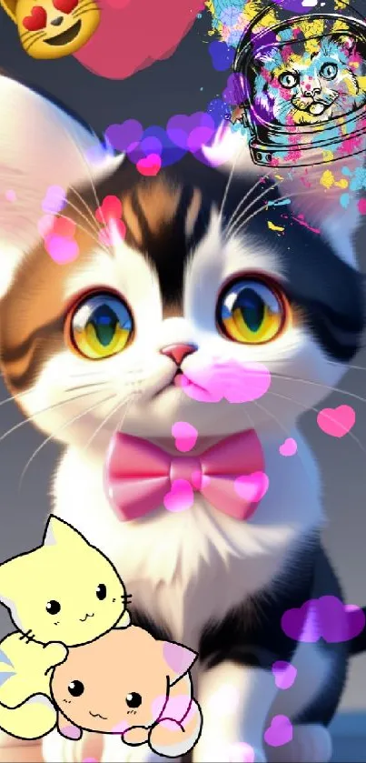 Adorable kitten with colorful emojis and a pink bowtie on a dark background.