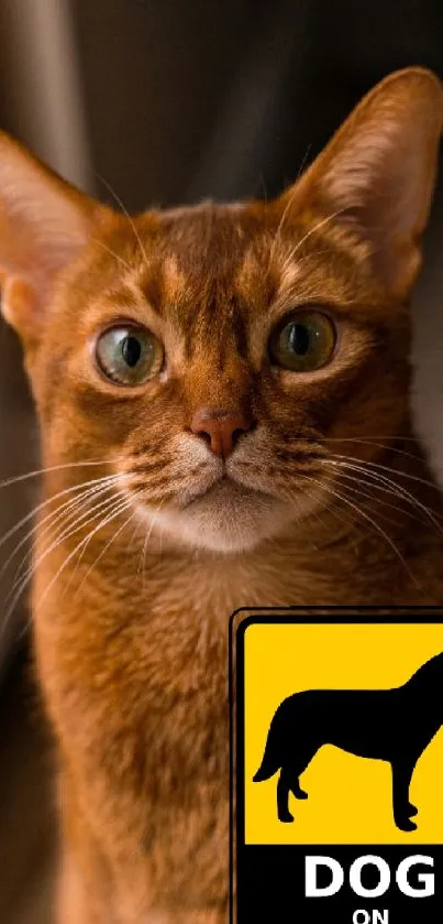 Ginger cat with 'Dog on Board' sign, cute and humorous wallpaper.