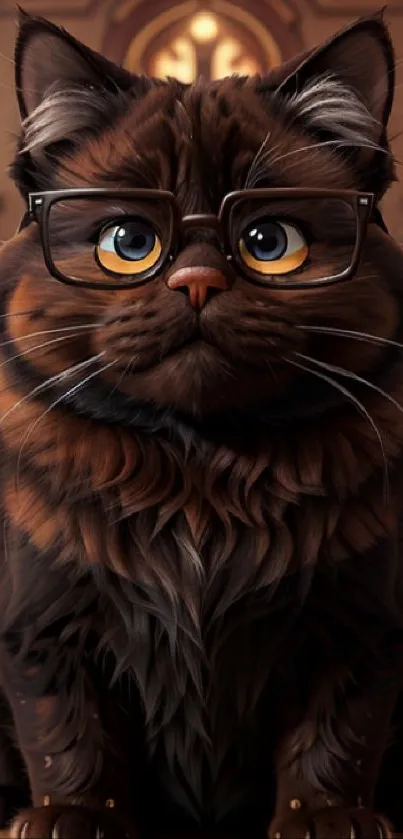 Adorable fluffy cat wearing glasses with a warm brown background.