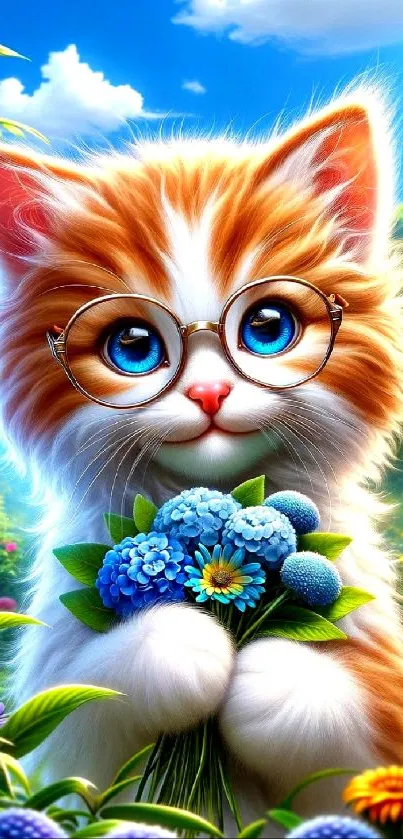Cute kitten with glasses holding flowers in a vibrant garden.