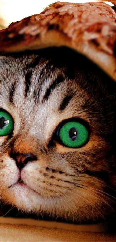 Cute cat with striking green eyes peeks out from behind a rustic brown surface.