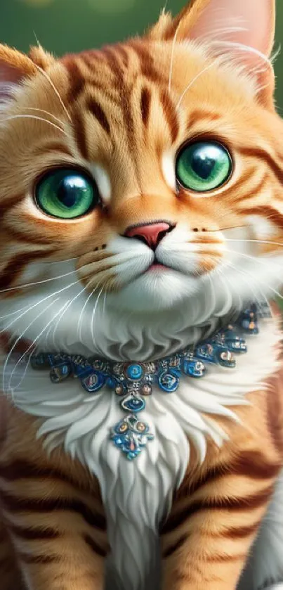 Adorable orange brown cat with green eyes and jeweled collar.