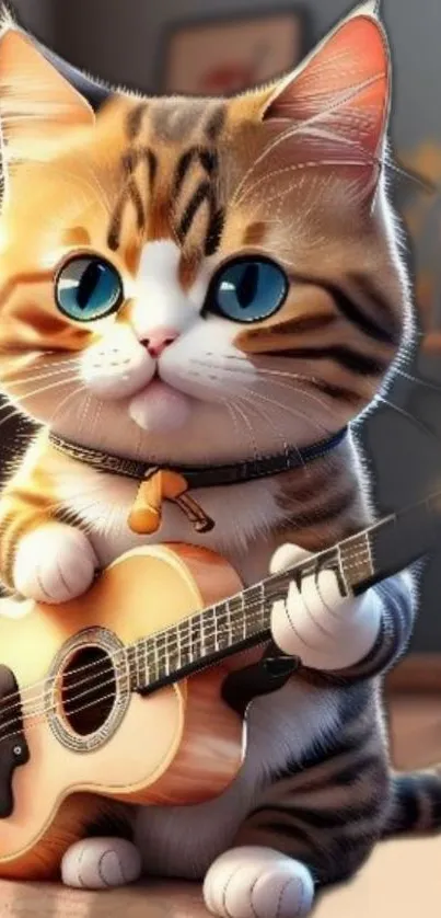 Cute cartoon cat playing guitar in charming wallpaper design.